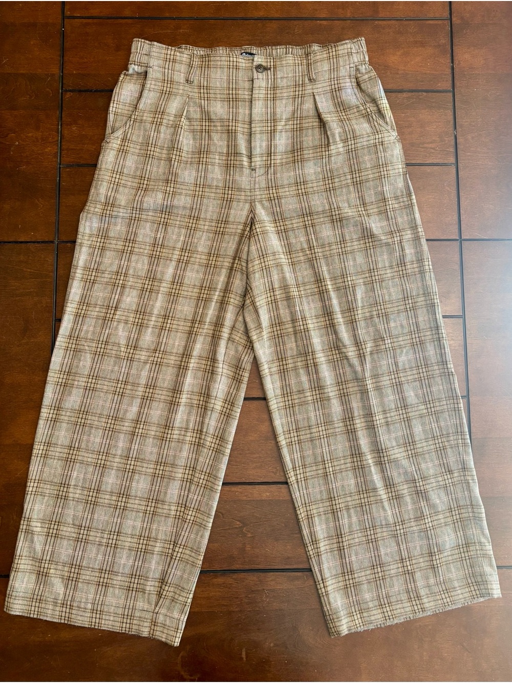 Madewell Harlow Pleated Wide-Leg Trousers Plaid Brown Cream Pink - Size 16